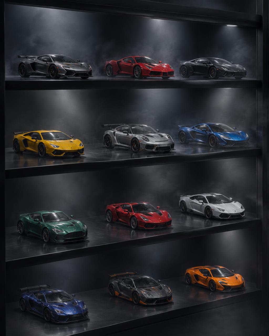 Illustrative miniature supercars on dark display shelves